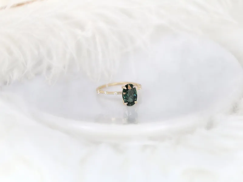 2.51ct Ready to Ship Alix 14kt Gold Forest Teal Sapphire Diamond Dainty Oval Solitaire Ring vy 4