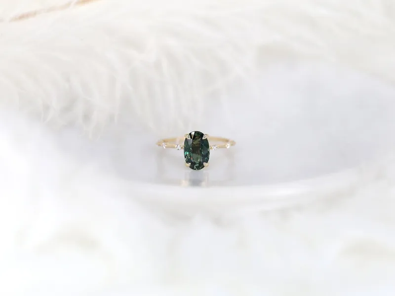 2.51ct Ready to Ship Alix 14kt Gold Forest Teal Sapphire Diamond Dainty Oval Solitaire Ring vy 3