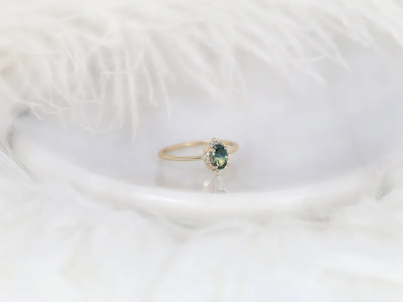 0.69ct Ready to Ship Mini Mae 14kt Gold Teal Montana Sapphire Diamond Oval Halo Ring vy 4