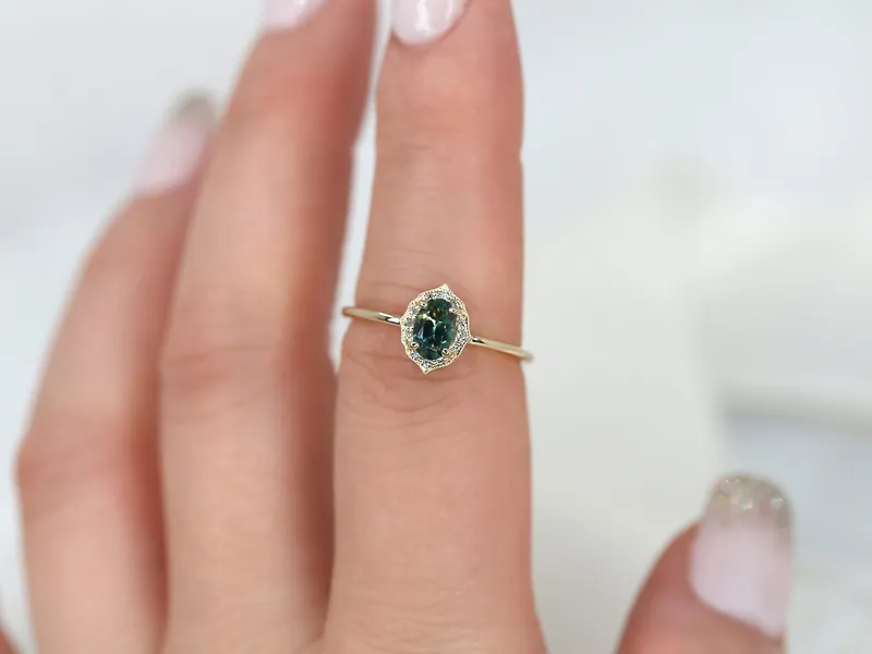 0.69ct Ready to Ship Mini Mae 14kt Gold Teal Montana Sapphire Diamond Oval Halo Ring vy 2