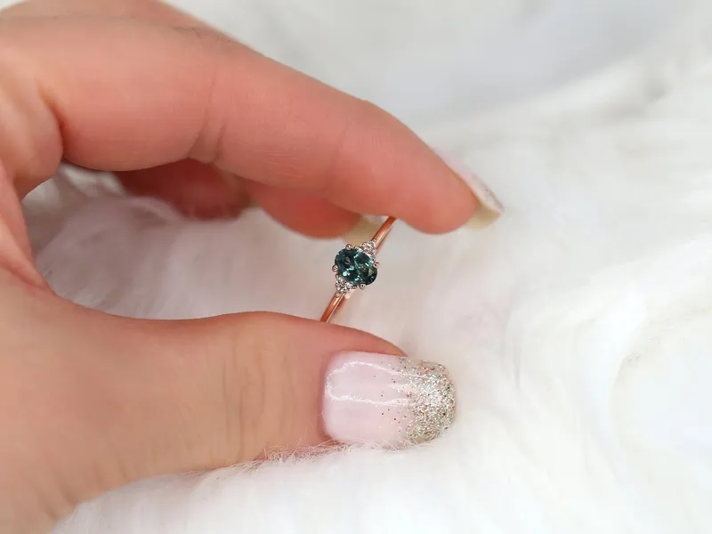 0.70ct Ready to Ship Juniper 14kt Rose Gold Ocean Teal Montana Sapphire Dainty Art Deco Oval Cluster Ring vy 6