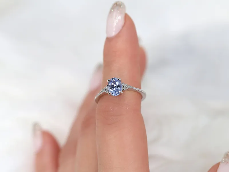 1.35ct Ready to Ship Maddy 14kt White Gold Cornflower Lavender Sapphire Diamond Dainty Oval Cluster 3 Stone Ring,Gift For Her view 6