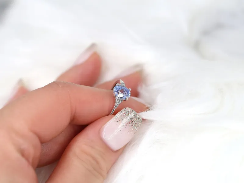 1.35ct Ready to Ship Maddy 14kt White Gold Cornflower Lavender Sapphire Diamond Dainty Oval Cluster 3 Stone Ring,Gift For Her view 8