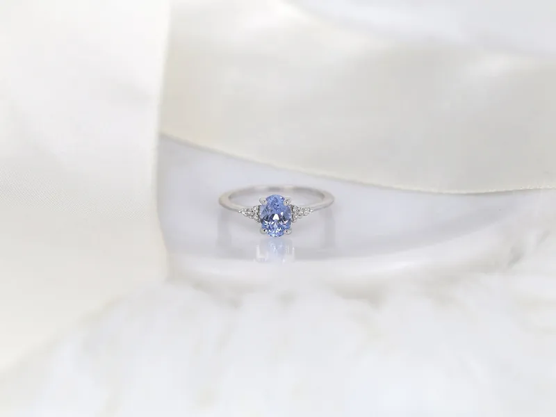 1.35ct Ready to Ship Maddy 14kt White Gold Cornflower Lavender Sapphire Diamond Dainty Oval Cluster 3 Stone Ring,Gift For Her view 2