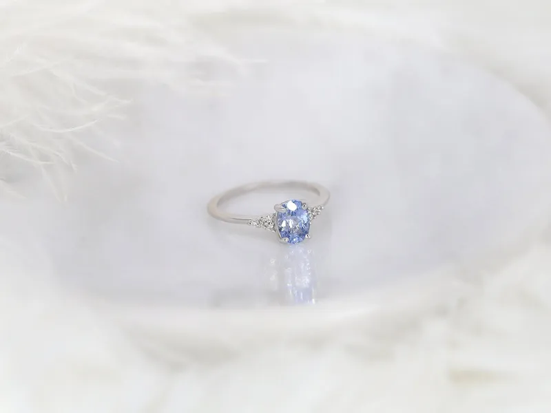 1.35ct Ready to Ship Maddy 14kt White Gold Cornflower Lavender Sapphire Diamond Dainty Oval Cluster 3 Stone Ring,Gift For Her diamond oval cut engagement ring