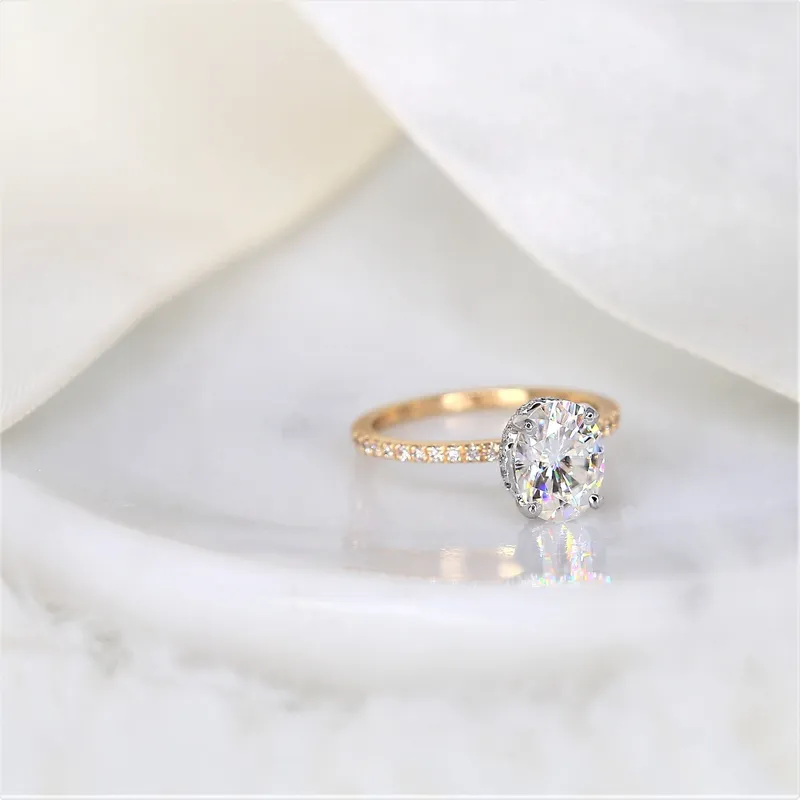 2ct TWO TONED Viviana 9x7mm 14kt Gold Moissanite Diamond Scarf Halo Oval Solitaire Ring view 4