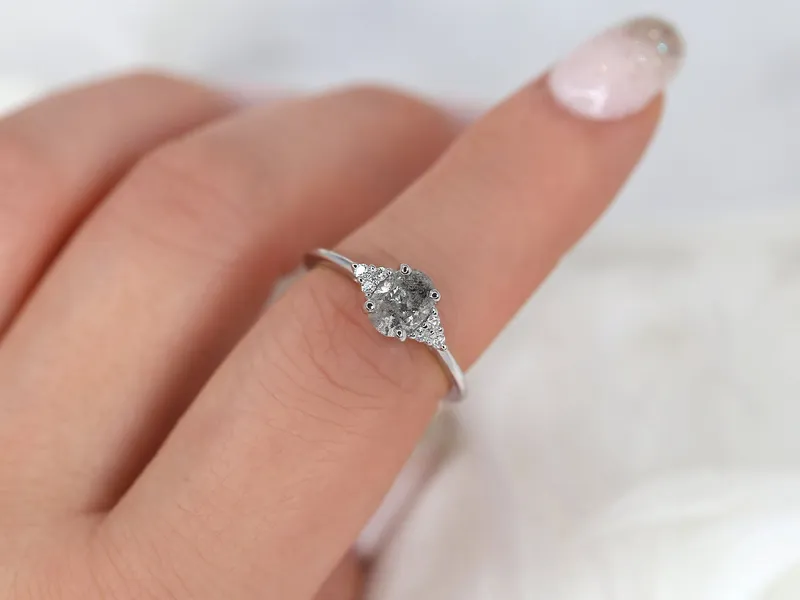 0.85ct Ready to Ship Juniper 14kt White Gold Raw Salt Pepper Diamond Cluster Ring diamond oval cut engagement ring
