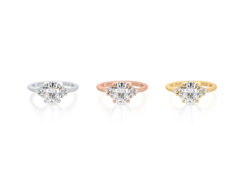 2ct Juniper 9x7mm 14kt Gold Moissanite Diamond Three Stone Oval Cluster Ring vy 8