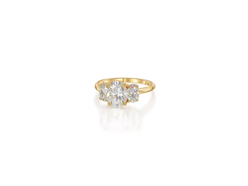 2cts Odessa 9x7mm 14kt Gold Moissanite Dainty 3 Stone Oval Engagement Ring view 3