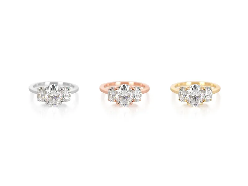 2cts Odessa 9x7mm 14kt Gold Moissanite Dainty 3 Stone Oval Engagement Ring view 4