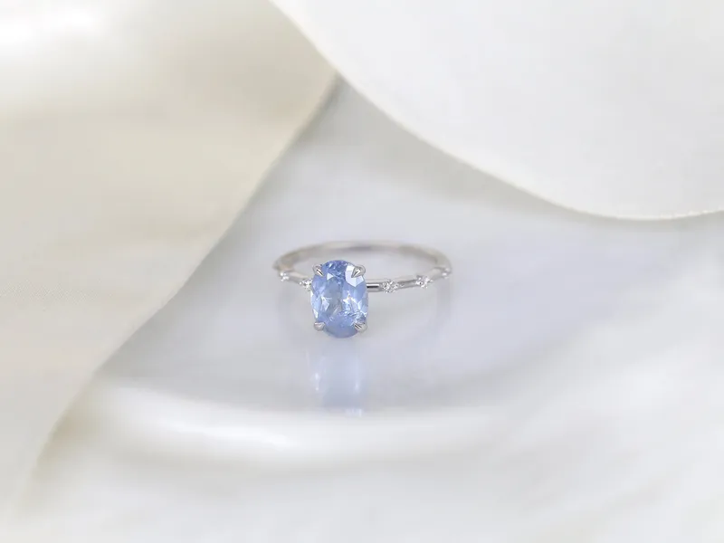 1.97ct Ready to Ship Alix 14kt White Gold Frosted Galaxy Cornflower Sapphire Diamond Dainty Oval Solitaire Ring view 3