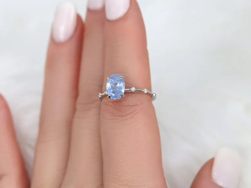 1.97ct Ready to Ship Alix 14kt White Gold Frosted Galaxy Cornflower Sapphire Diamond Dainty Oval Solitaire Ring view 7