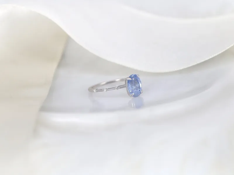 1.97ct Ready to Ship Alix 14kt White Gold Frosted Galaxy Cornflower Sapphire Diamond Dainty Oval Solitaire Ring view 4