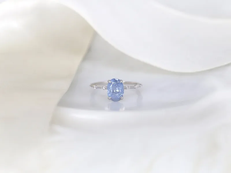 1.97ct Ready to Ship Alix 14kt White Gold Frosted Galaxy Cornflower Sapphire Diamond Dainty Oval Solitaire Ring view 2