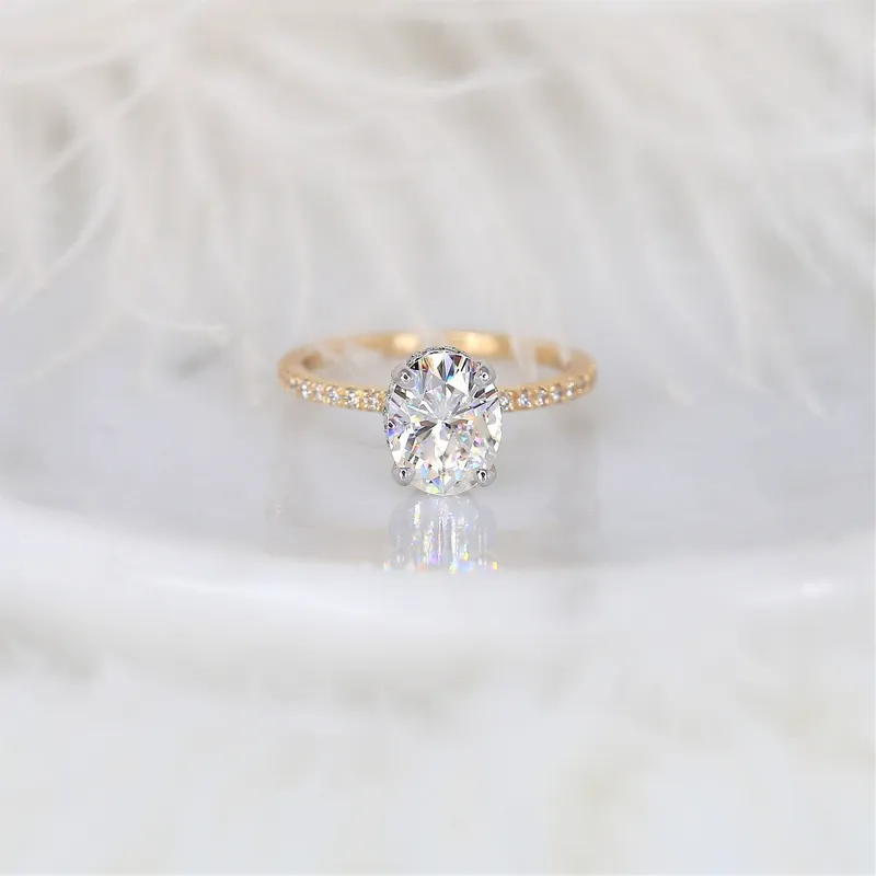 2ct TWO TONED Viviana 9x7mm 14kt Gold Moissanite Diamond Scarf Halo Oval Solitaire Ring view 3