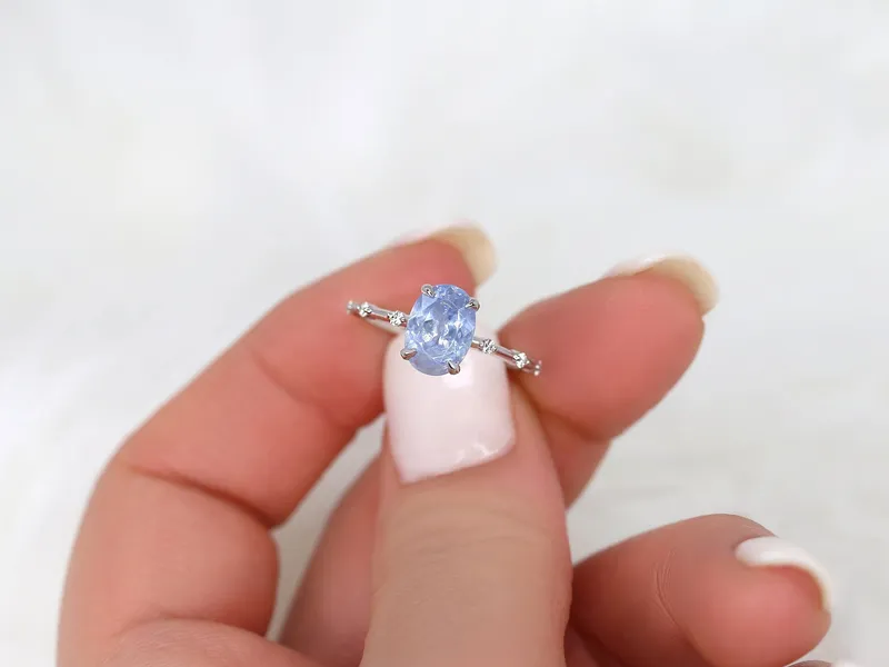 1.97ct Ready to Ship Alix 14kt White Gold Frosted Galaxy Cornflower Sapphire Diamond Dainty Oval Solitaire Ring view 6