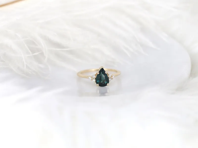 1.35ct Ready to Ship Juliet 14kt Gold Ocean Teal Sapphire Diamond Dainty Art Deco Pear Cluster Ring vy 4
