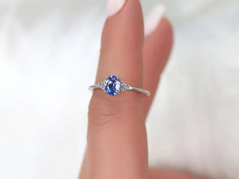 0.82ct Ready to Ship Maddy 14kt White Gold Cornflower Lavender Sapphire Diamond Art Deco Oval Cluster Ring view 2