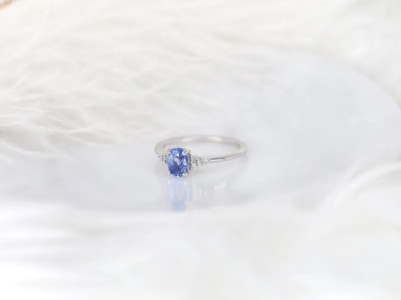 0.82ct Ready to Ship Maddy 14kt White Gold Cornflower Lavender Sapphire Diamond Art Deco Oval Cluster Ring view 5