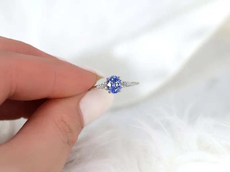 0.82ct Ready to Ship Maddy 14kt White Gold Cornflower Lavender Sapphire Diamond Art Deco Oval Cluster Ring view 3