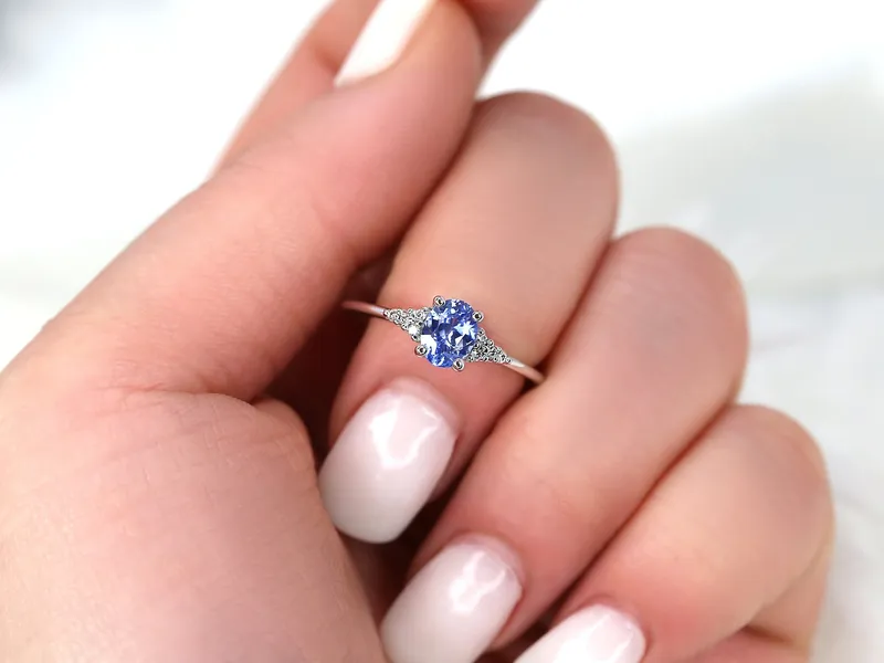 0.82ct Ready to Ship Maddy 14kt White Gold Cornflower Lavender Sapphire Diamond Art Deco Oval Cluster Ring view 4