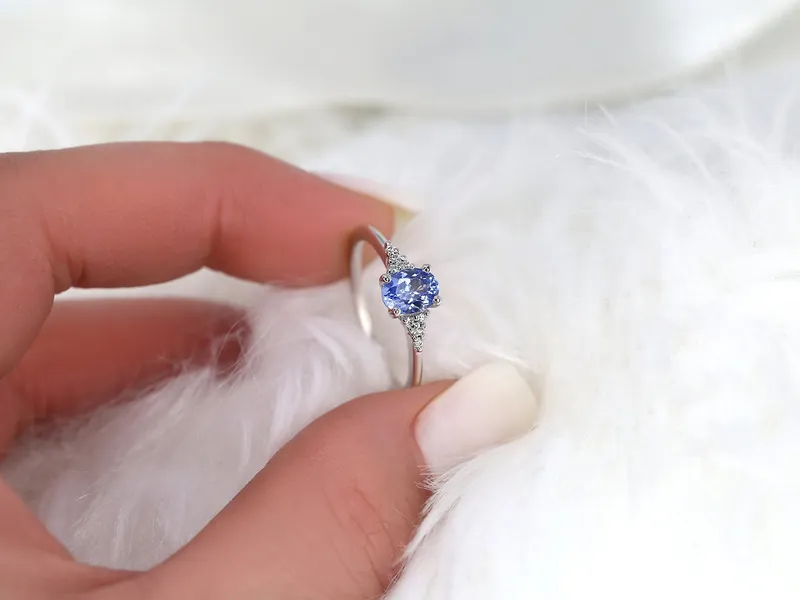 0.82ct Ready to Ship Maddy 14kt White Gold Cornflower Lavender Sapphire Diamond Art Deco Oval Cluster Ring blue sapphire oval cut engagement ring
