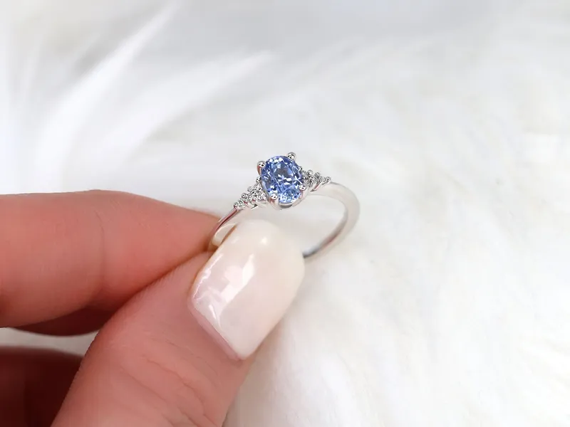 1.04ct Ready to Ship Maddy 14kt White Gold Cornflower Sapphire Diamond Oval Cluster 3 Stone Ring view 2