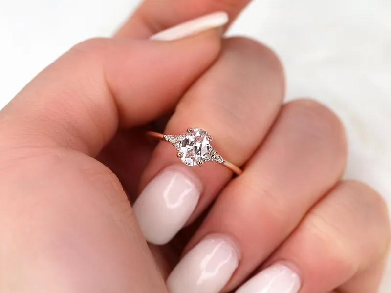 0.91cts Ready to Ship Maddy 14kt Rose Gold Blush Peach Sapphire Diamond Cluster 3 Stone Oval Cluster Ring view 5