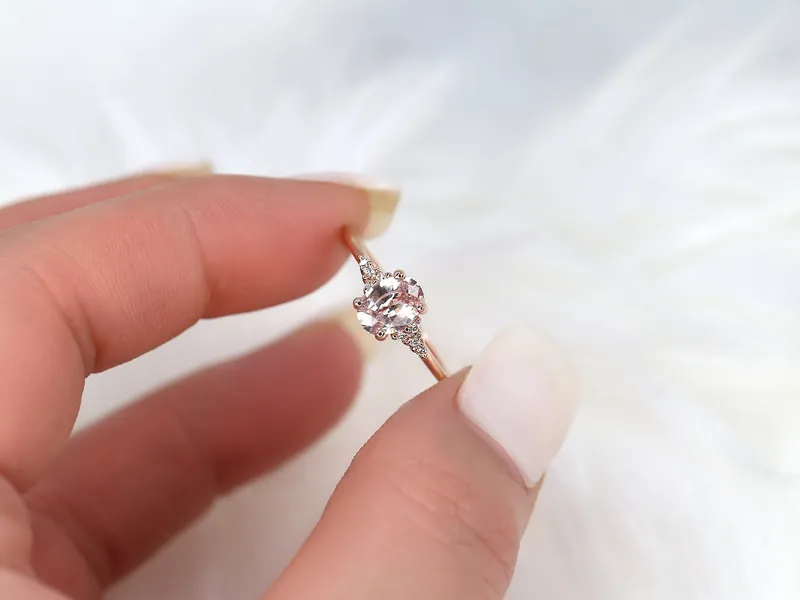 0.91cts Ready to Ship Maddy 14kt Rose Gold Blush Peach Sapphire Diamond Cluster 3 Stone Oval Cluster Ring view 6