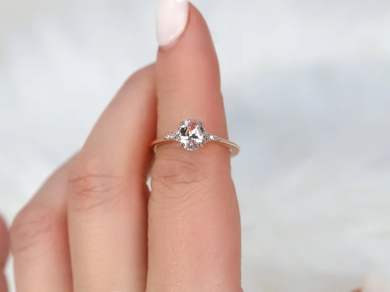 0.91cts Ready to Ship Maddy 14kt Rose Gold Blush Peach Sapphire Diamond Cluster 3 Stone Oval Cluster Ring view 7