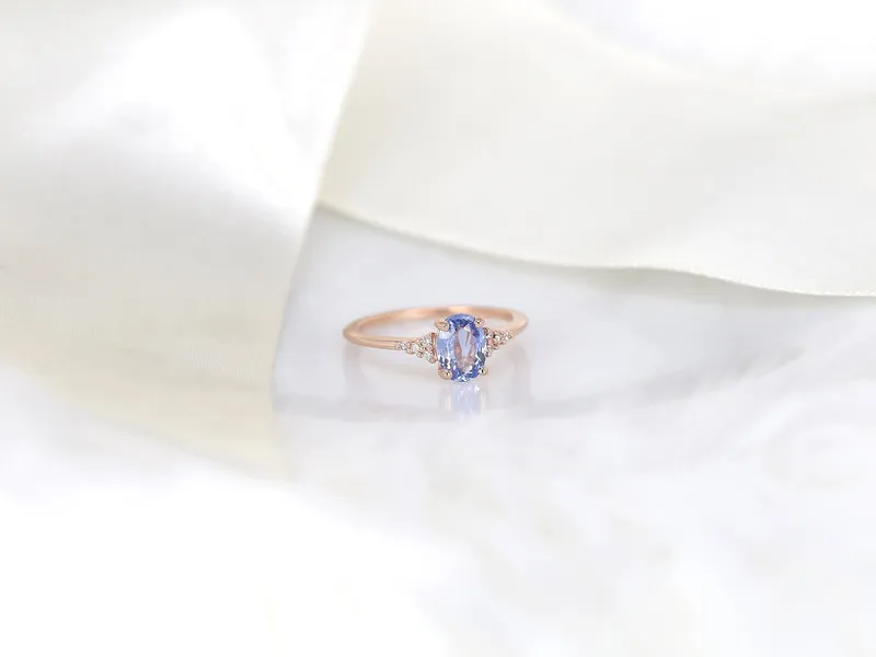1.09ct Ready to Ship Maddy 14kt Rose Gold Cornflower Sapphire Diamond Oval Cluster 3 Stone Ring view 2
