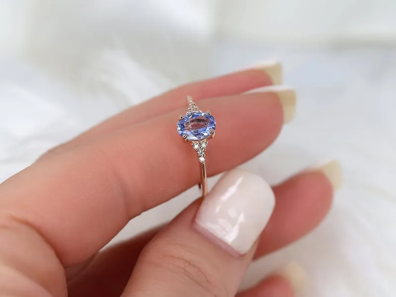 1.09ct Ready to Ship Maddy 14kt Rose Gold Cornflower Sapphire Diamond Oval Cluster 3 Stone Ring view 7
