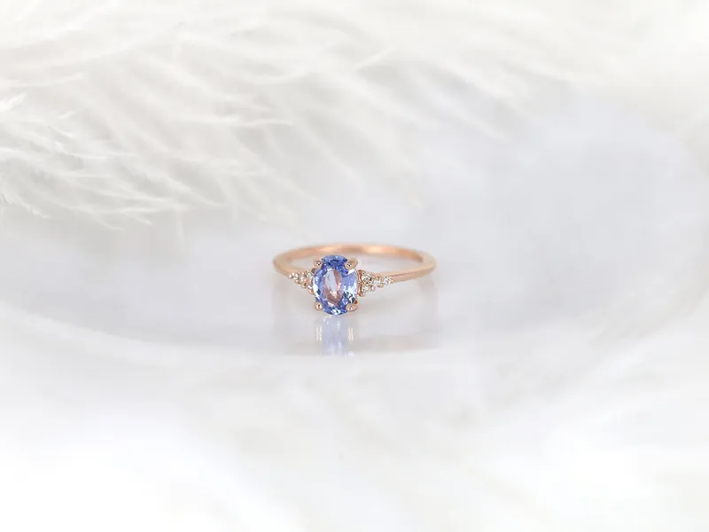 1.09ct Ready to Ship Maddy 14kt Rose Gold Cornflower Sapphire Diamond Oval Cluster 3 Stone Ring view 3