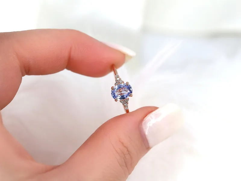 1.09ct Ready to Ship Maddy 14kt Rose Gold Cornflower Sapphire Diamond Oval Cluster 3 Stone Ring view 5