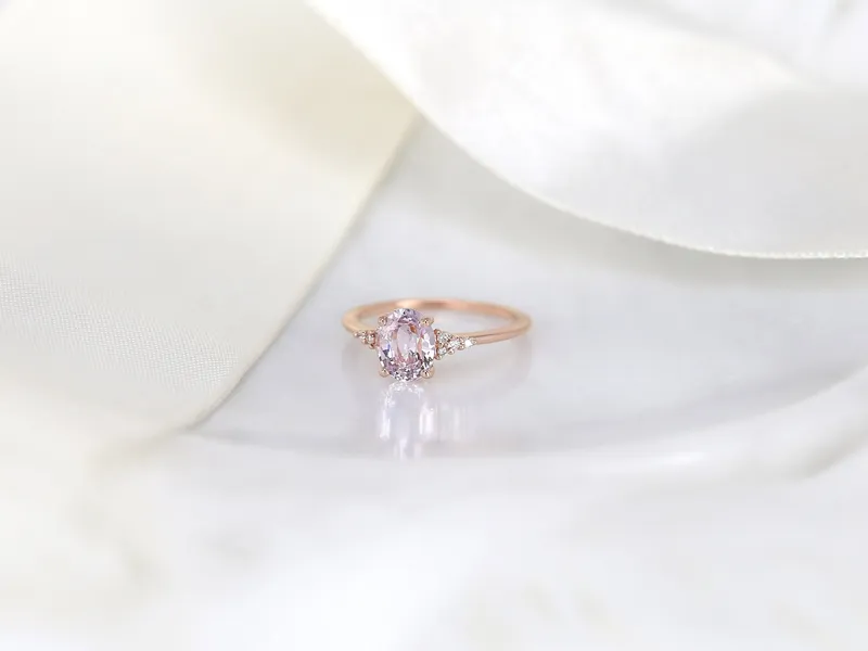 1.78ct Ready to Ship Maddy 14kt Rose Gold Blush Peach Sapphire Diamond 3 Stone Oval Cluster Ring view 6