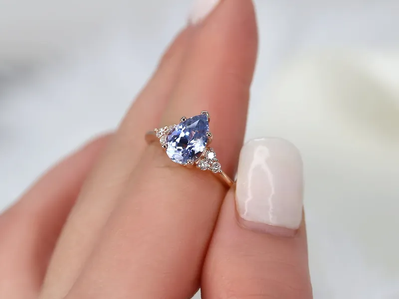 2.95ct Ready to Ship Juliet 14kt Rose Gold Lavender Cornflower Blue Sapphire Diamond Art Deco Pear Cluster Ring view 3