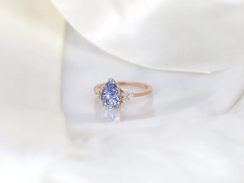 2.95ct Ready to Ship Juliet 14kt Rose Gold Lavender Cornflower Blue Sapphire Diamond Art Deco Pear Cluster Ring view 4