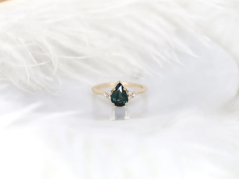 1.35ct Ready to Ship Juliet 14kt Gold Ocean Teal Sapphire Diamond Dainty Art Deco Pear Cluster Ring vy 6