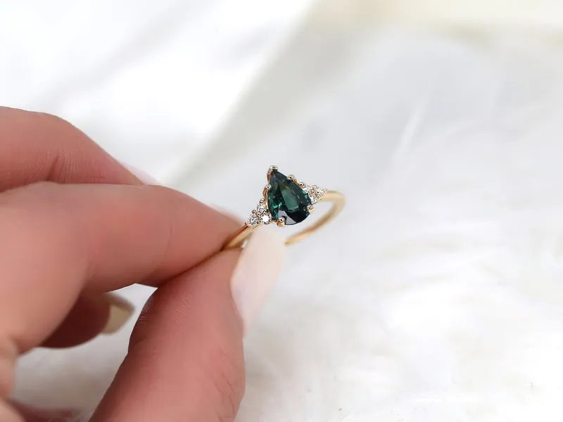 1.35ct Ready to Ship Juliet 14kt Gold Ocean Teal Sapphire Diamond Dainty Art Deco Pear Cluster Ring vy 3