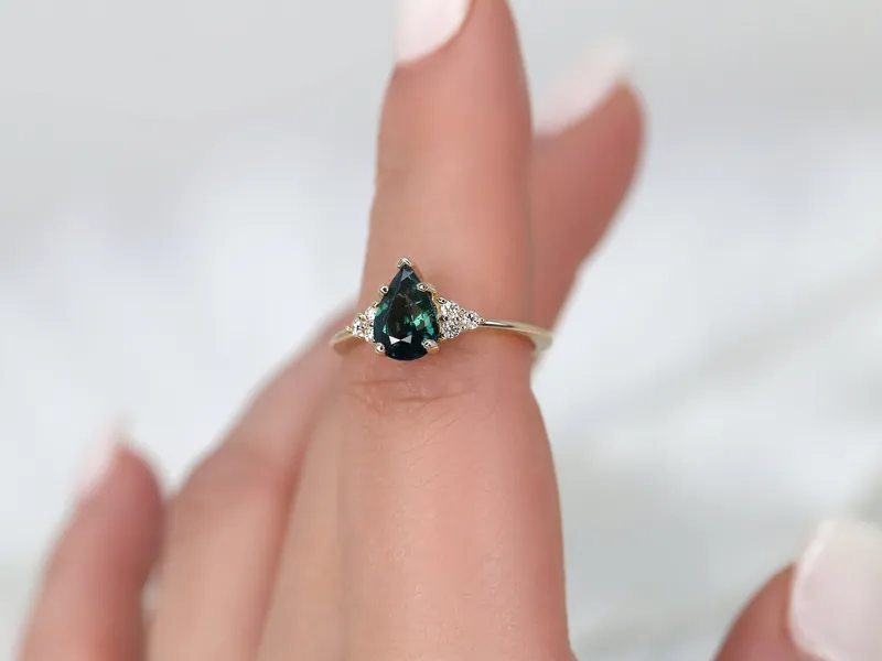 1.35ct Ready to Ship Juliet 14kt Gold Ocean Teal Sapphire Diamond Dainty Art Deco Pear Cluster Ring vy 2