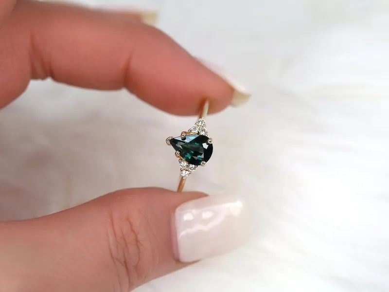 1.35ct Ready to Ship Juliet 14kt Gold Ocean Teal Sapphire Diamond Dainty Art Deco Pear Cluster Ring sapphire pear cut engagement ring