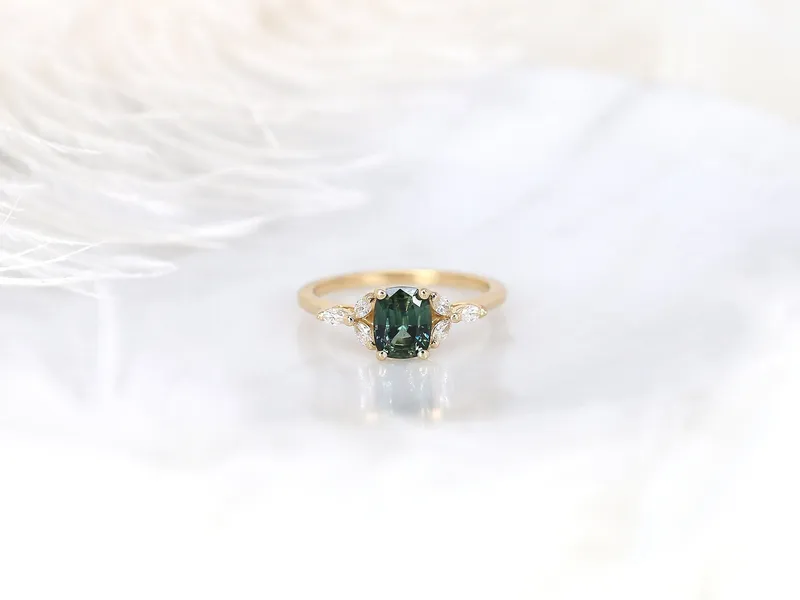 1.30ct Ready to Ship Geneva 14kt Gold Peacock Teal Sapphire Diamond Cushion Cluster Ring vy 6