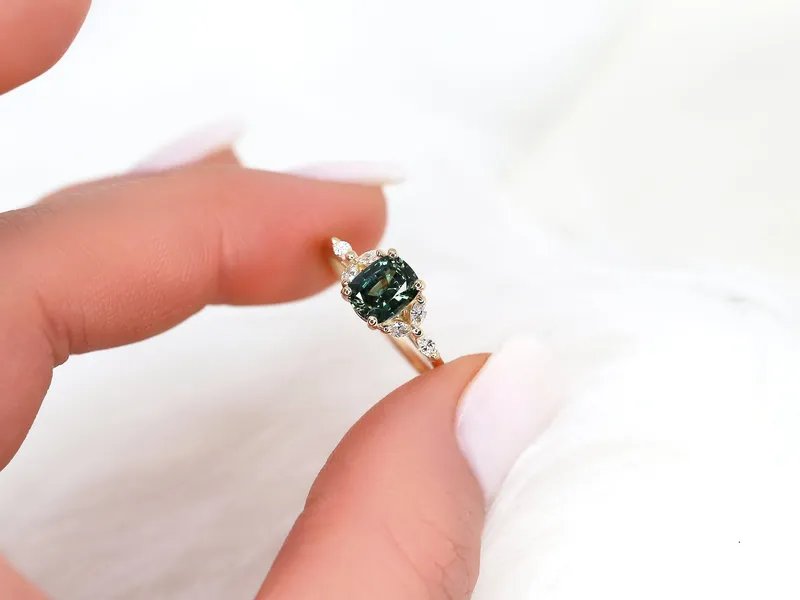 1.30ct Ready to Ship Geneva 14kt Gold Peacock Teal Sapphire Diamond Cushion Cluster Ring vy 2