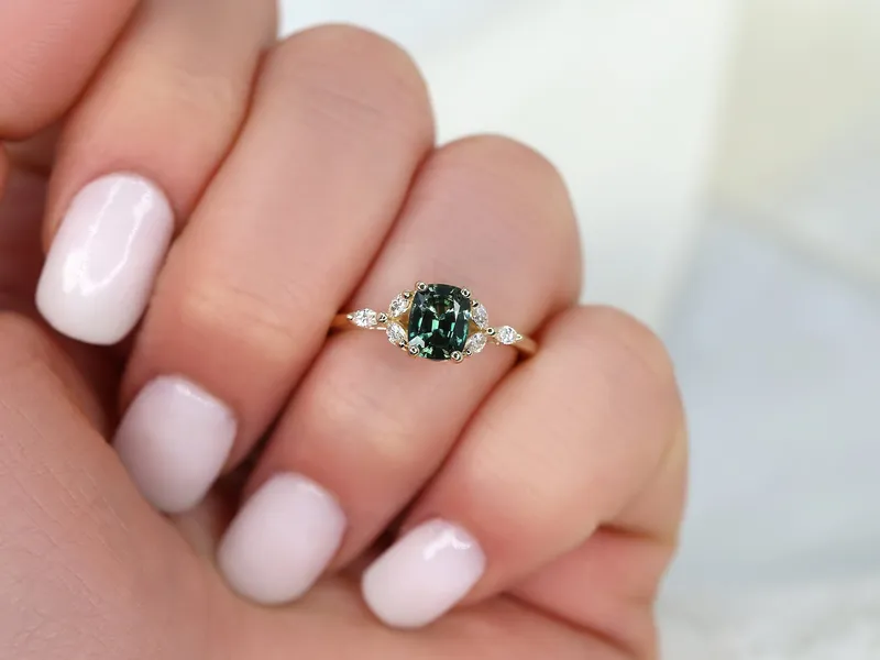 1.30ct Ready to Ship Geneva 14kt Gold Peacock Teal Sapphire Diamond Cushion Cluster Ring vy 4