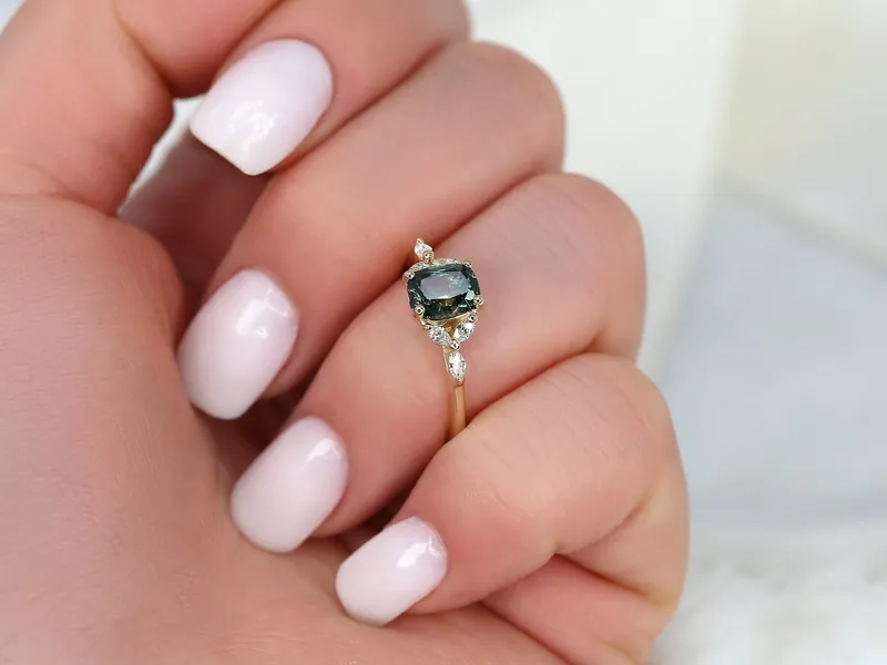 1.30ct Ready to Ship Geneva 14kt Gold Peacock Teal Sapphire Diamond Cushion Cluster Ring vy 3