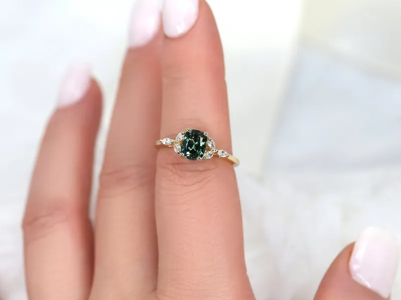 1.30ct Ready to Ship Geneva 14kt Gold Peacock Teal Sapphire Diamond Cushion Cluster Ring blue sapphire cushion cut engagement ring