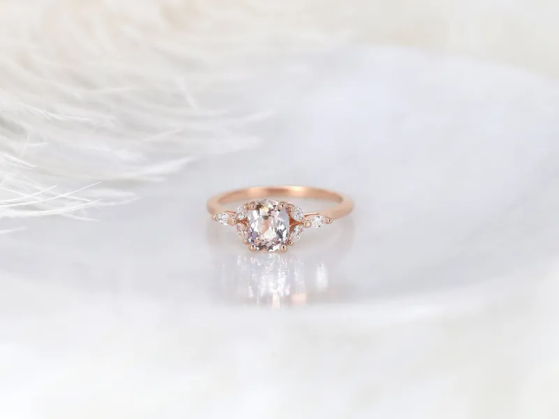 1.21ct Ready to Ship Geneva 14kt Rose Gold Champagne Peach Sapphire Diamond Cushion 3 Stone Ring vy 2