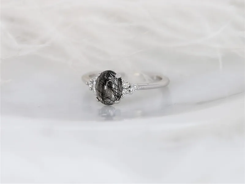 Juniper 8x6mm 14kt Gold Tourmalinated Quartz Diamond Art Deco Oval Cluster Ring vy 6