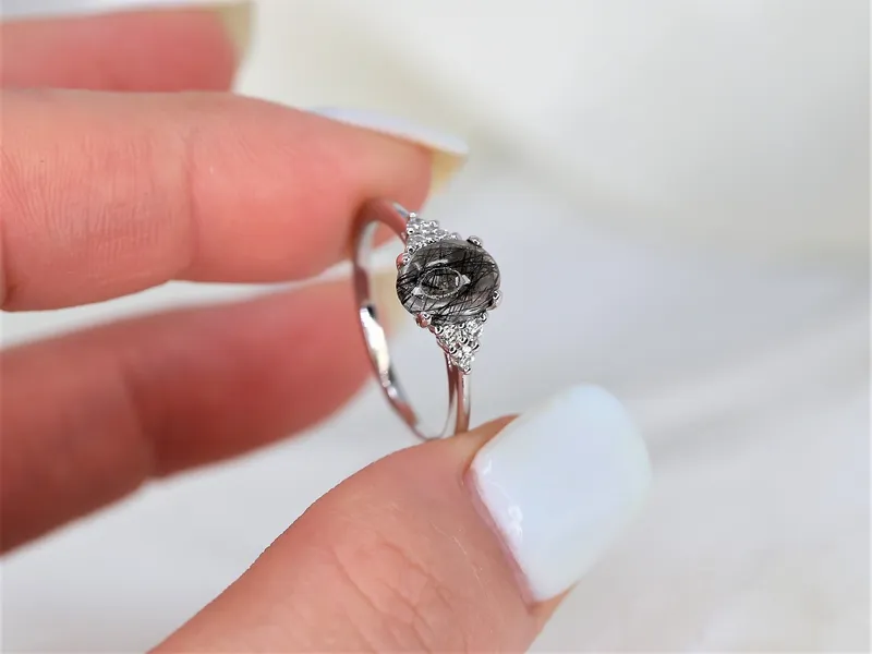Juniper 8x6mm 14kt Gold Tourmalinated Quartz Diamond Art Deco Oval Cluster Ring vy 4