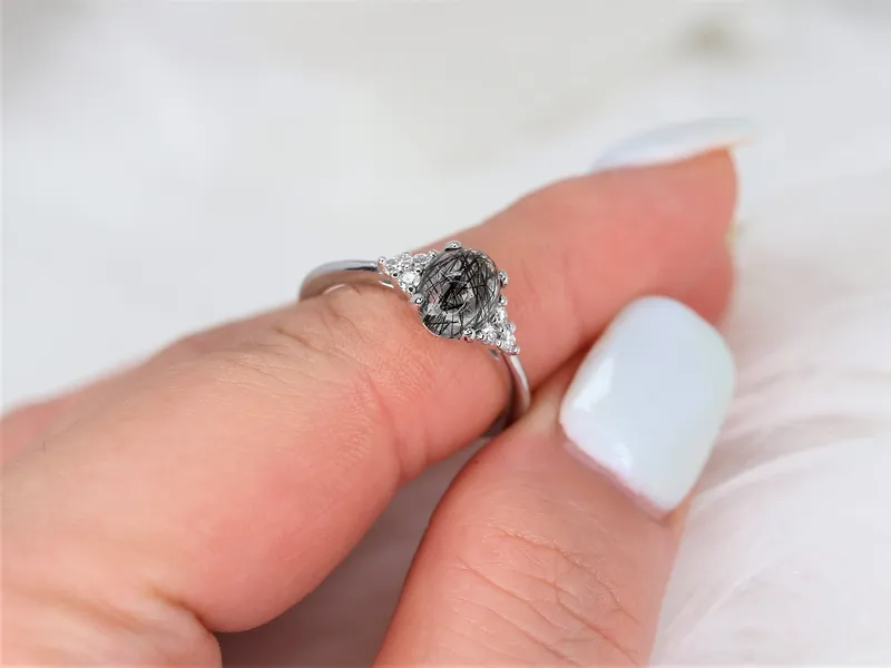 Juniper 8x6mm 14kt Gold Tourmalinated Quartz Diamond Art Deco Oval Cluster Ring diamond oval cut engagement ring